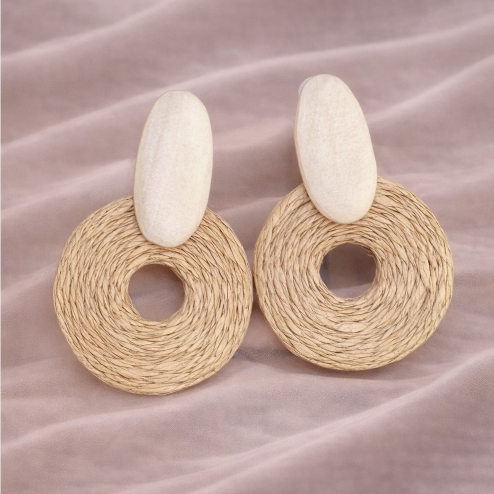 Selina Boho Raffia Rattan Drop Earrings - Picture 1 of 8